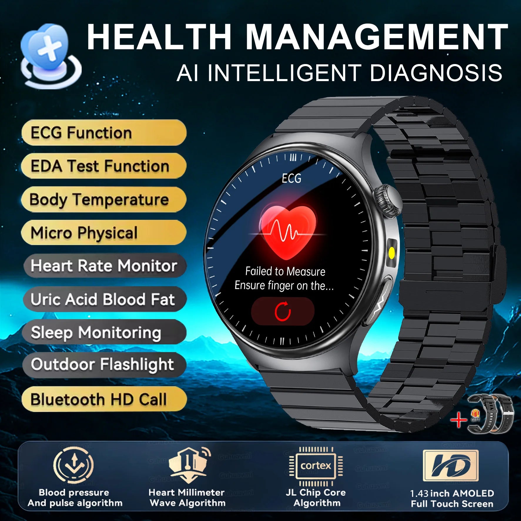 ASCLEPIUS Smart Watch – ECG, Body Fat, Blood Oxygen & AMOLED Health Monitor