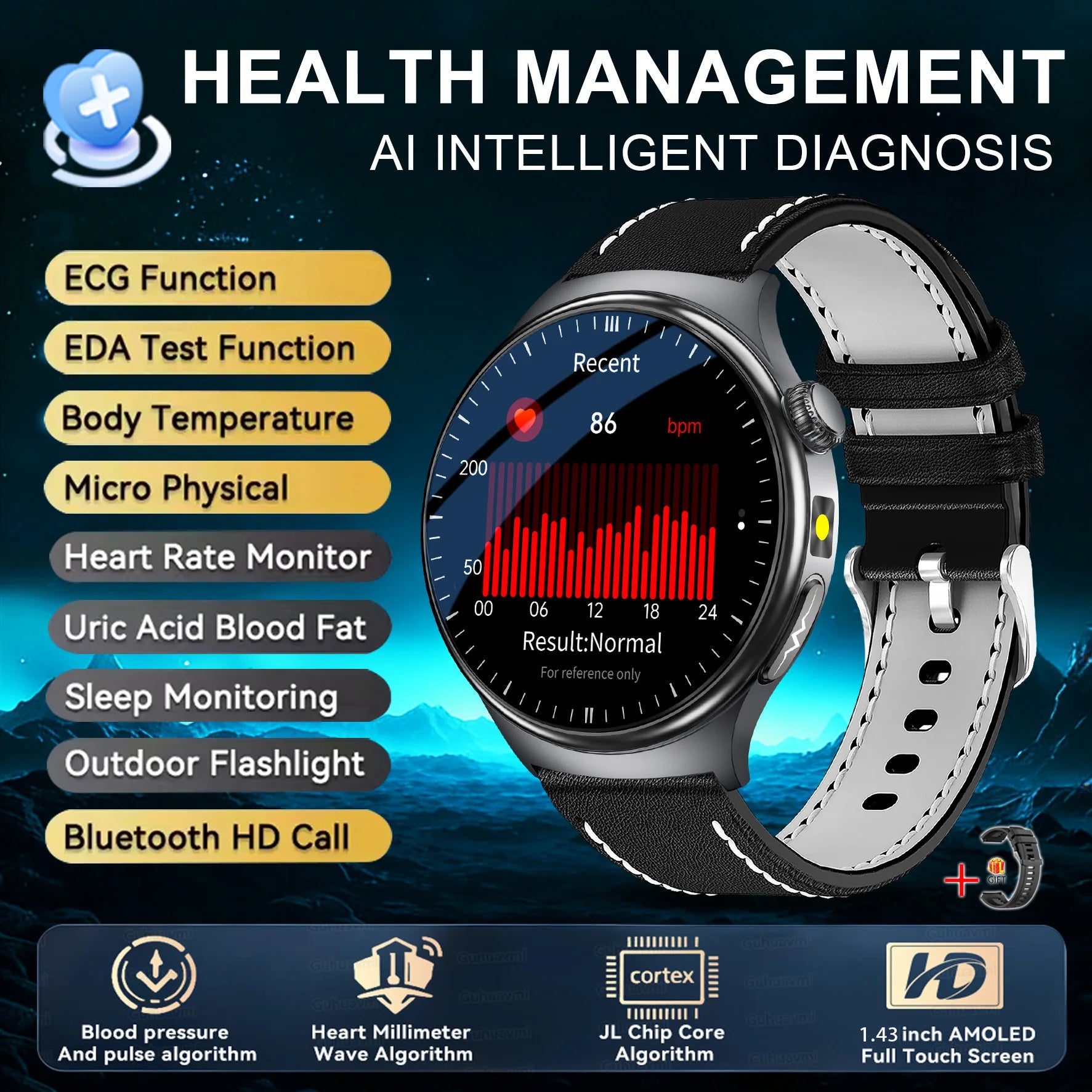 ASCLEPIUS Smart Watch – ECG, Body Fat, Blood Oxygen & AMOLED Health Monitor