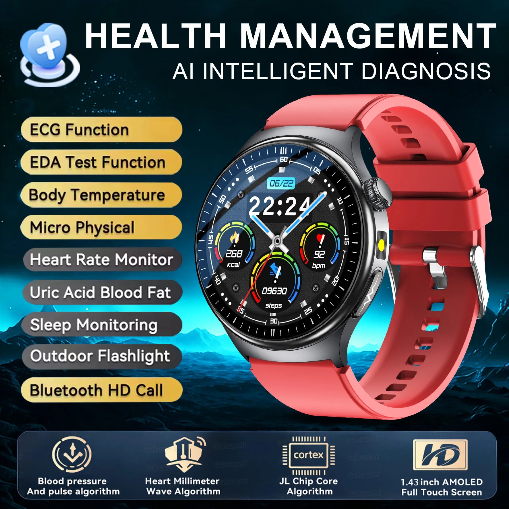 ASCLEPIUS Smart Watch – ECG, Body Fat, Blood Oxygen & AMOLED Health Monitor