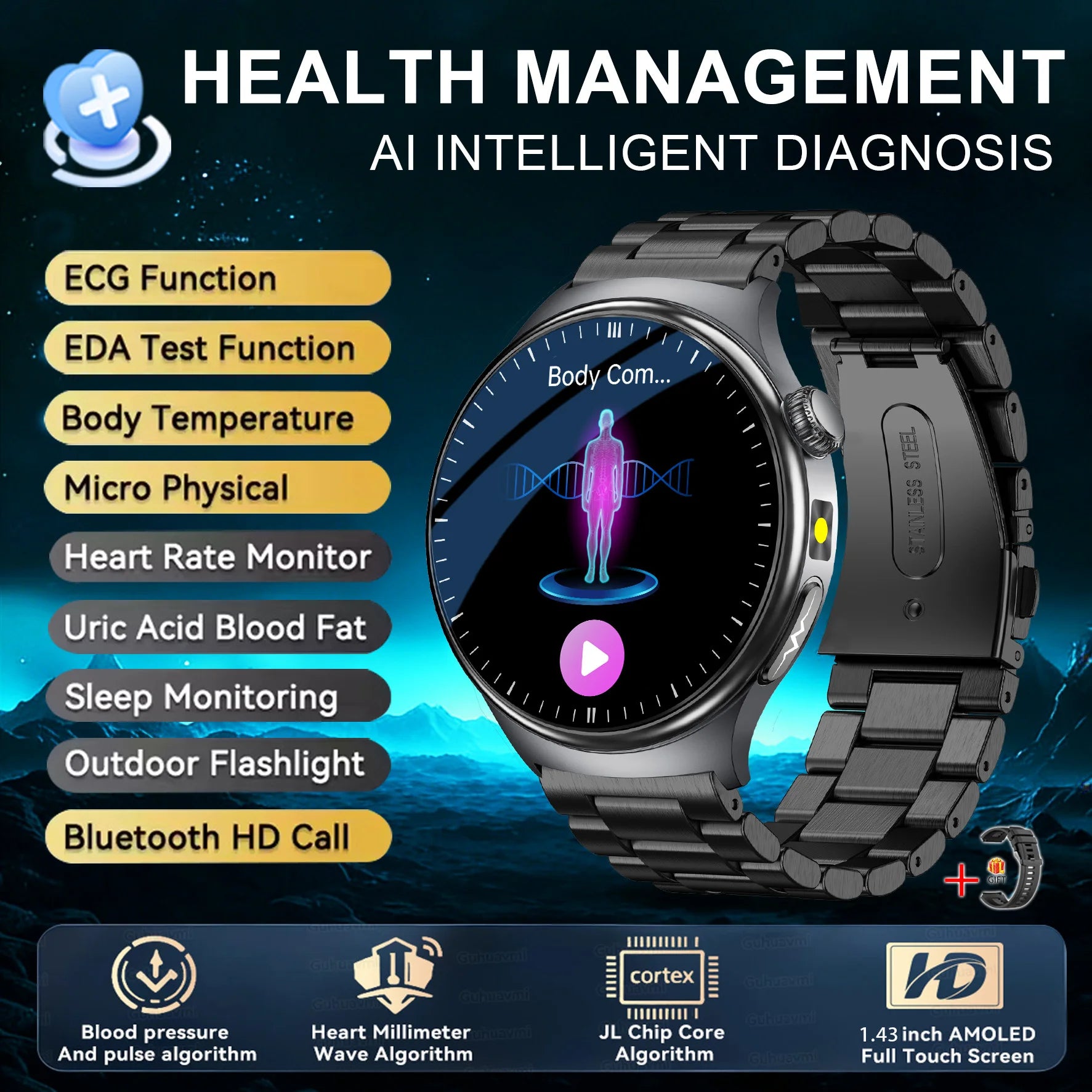 ASCLEPIUS Smart Watch – ECG, Body Fat, Blood Oxygen & AMOLED Health Monitor