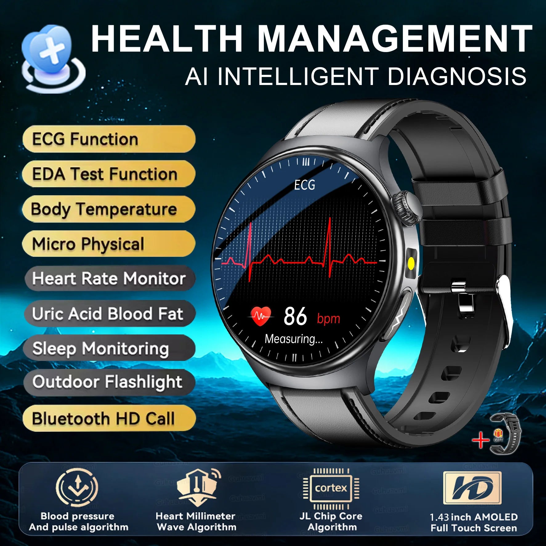 ASCLEPIUS Smart Watch – ECG, Body Fat, Blood Oxygen & AMOLED Health Monitor