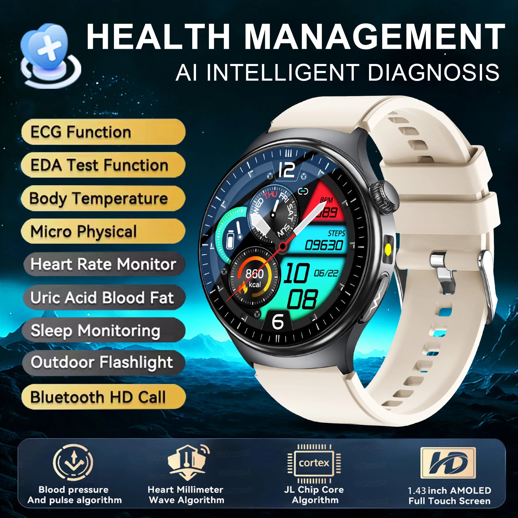 ASCLEPIUS Smart Watch – ECG, Body Fat, Blood Oxygen & AMOLED Health Monitor