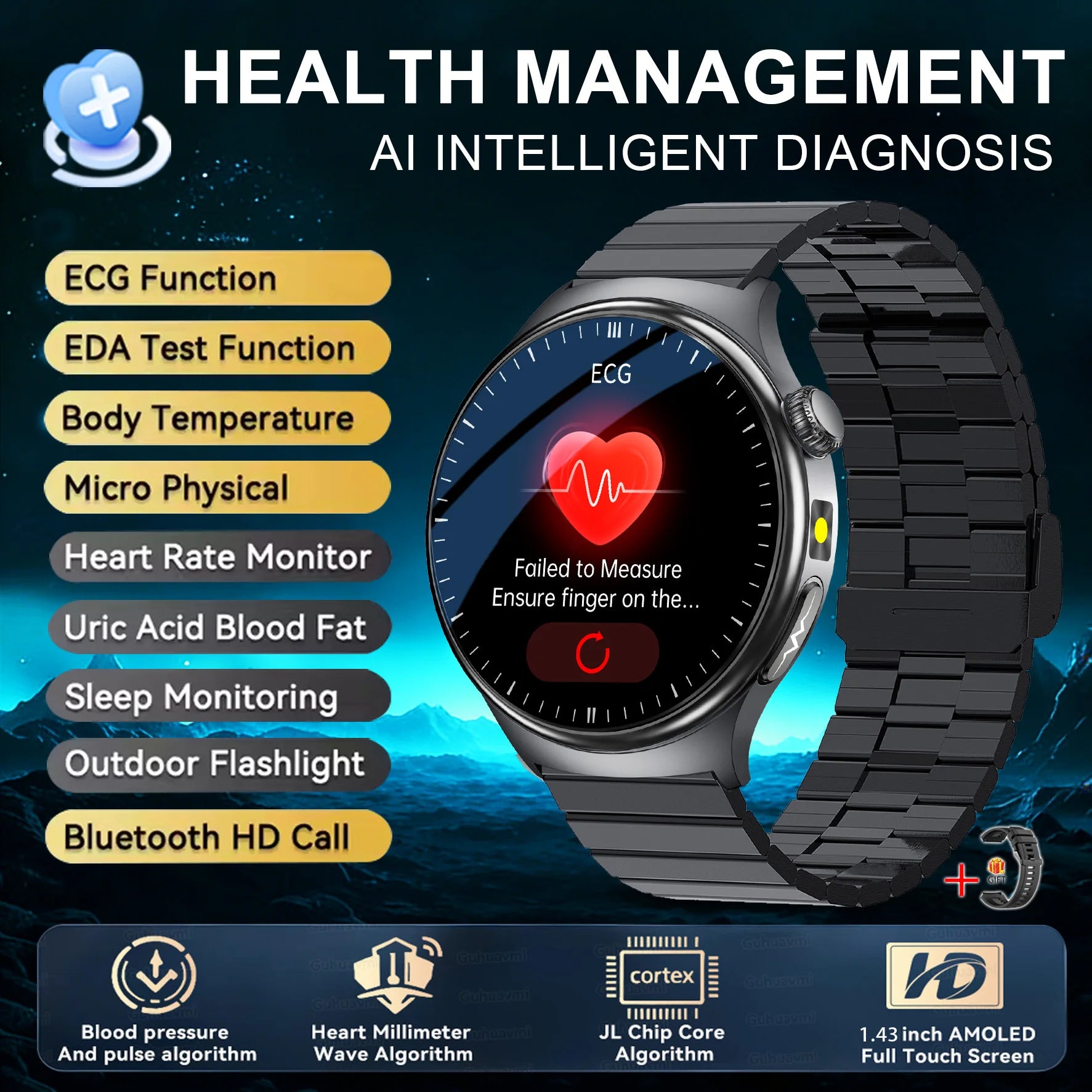 ASCLEPIUS Smart Watch – ECG, Body Fat, Blood Oxygen & AMOLED Health Monitor