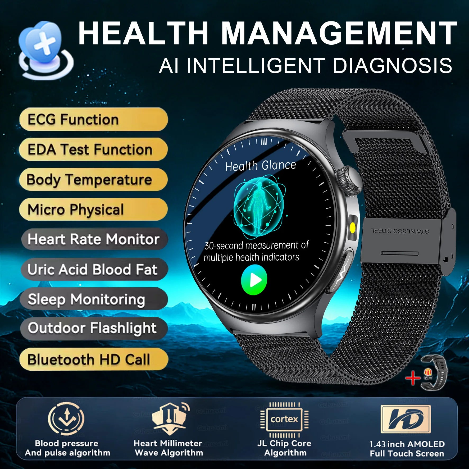 ASCLEPIUS Smart Watch – ECG, Body Fat, Blood Oxygen & AMOLED Health Monitor