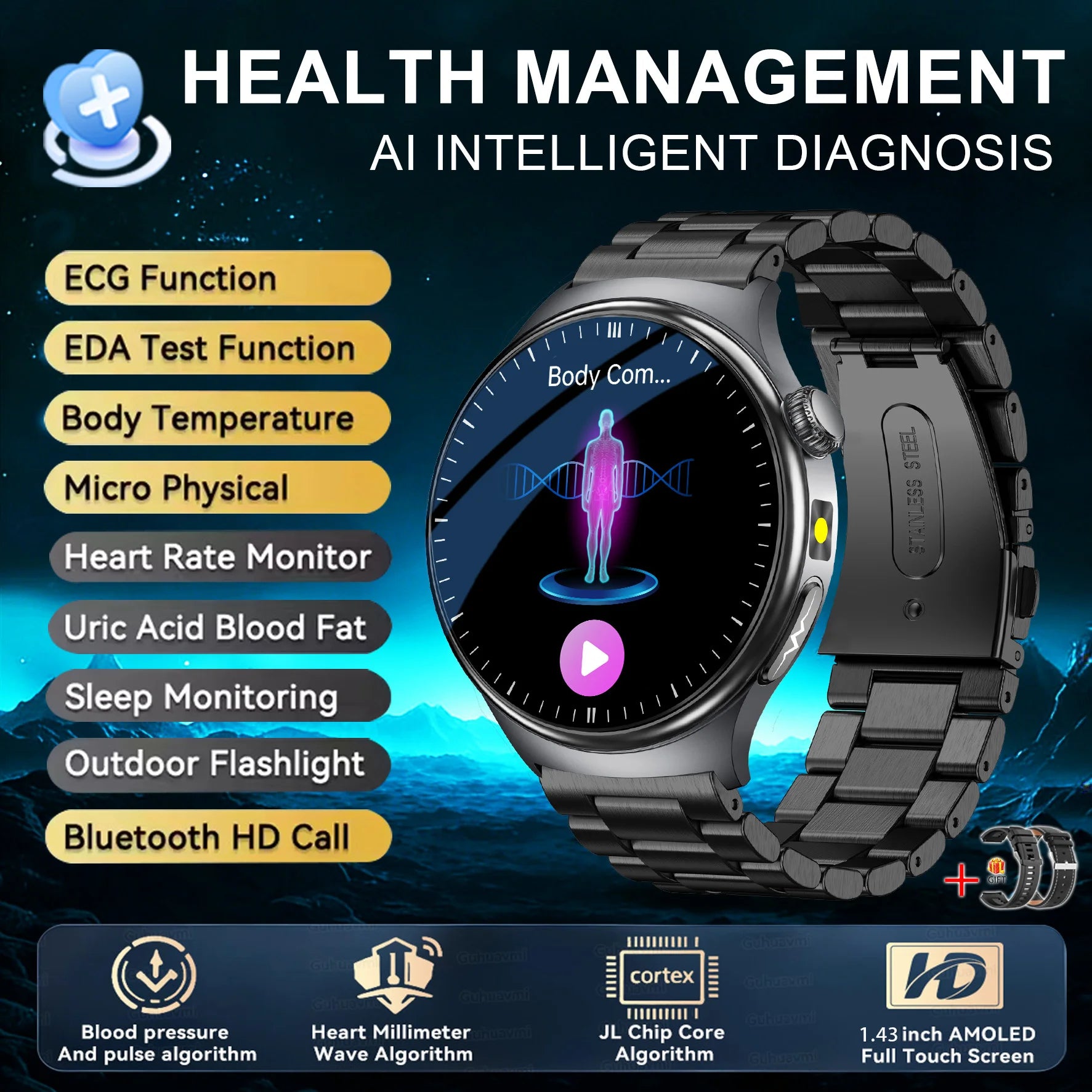 ASCLEPIUS Smart Watch – ECG, Body Fat, Blood Oxygen & AMOLED Health Monitor