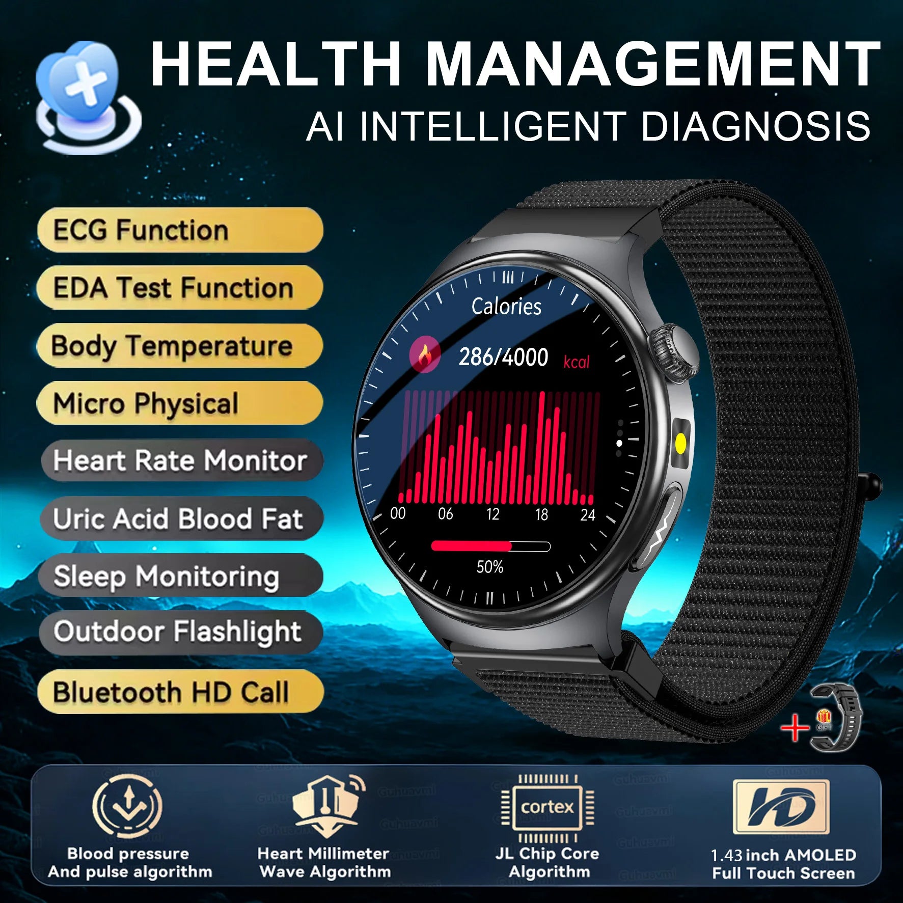 ASCLEPIUS Smart Watch – ECG, Body Fat, Blood Oxygen & AMOLED Health Monitor