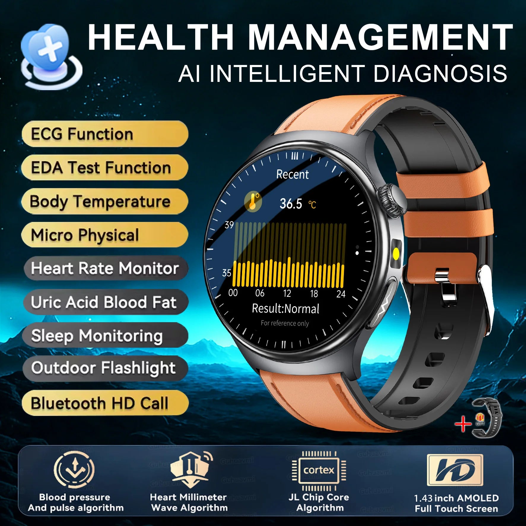 ASCLEPIUS Smart Watch – ECG, Body Fat, Blood Oxygen & AMOLED Health Monitor