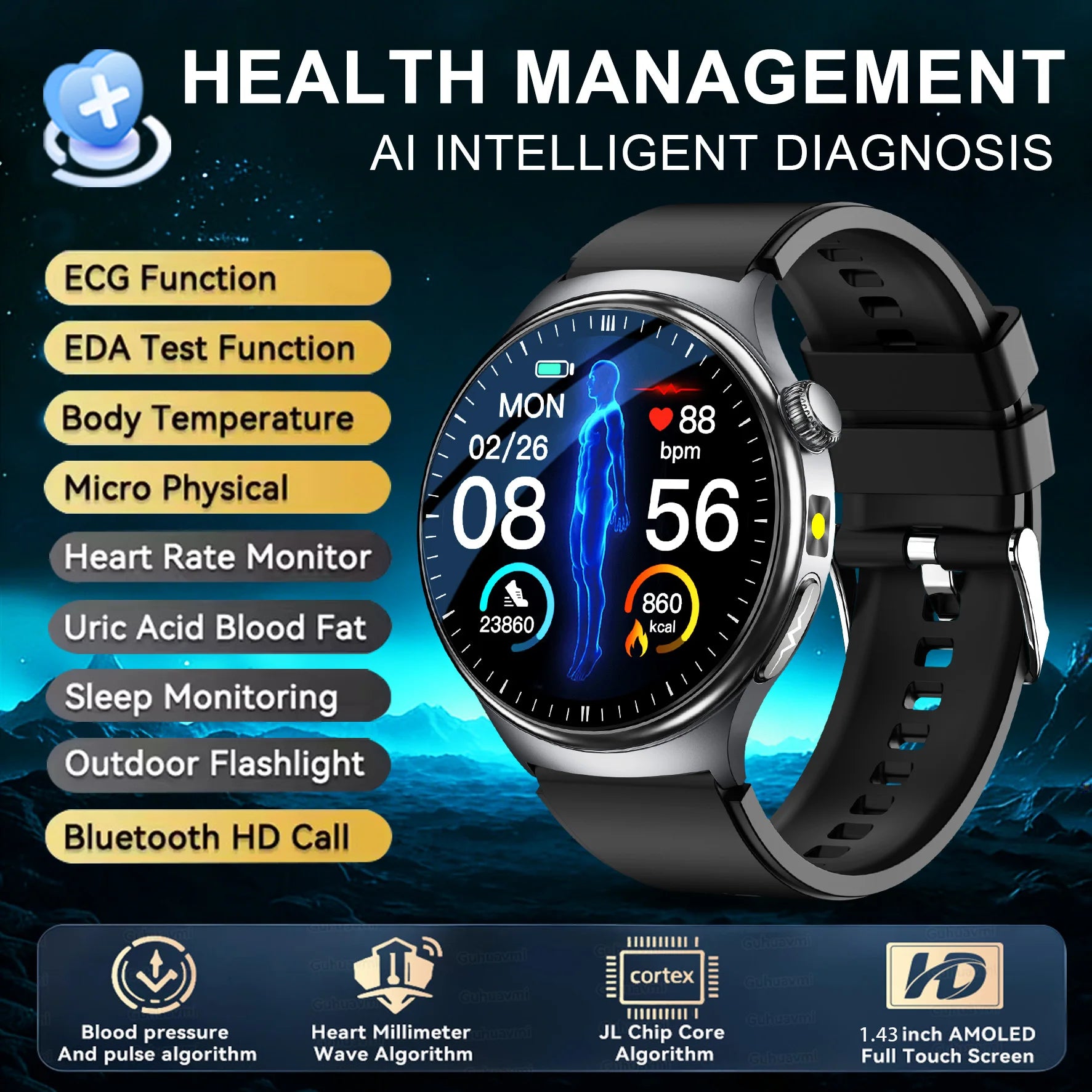 ASCLEPIUS Smart Watch – ECG, Body Fat, Blood Oxygen & AMOLED Health Monitor